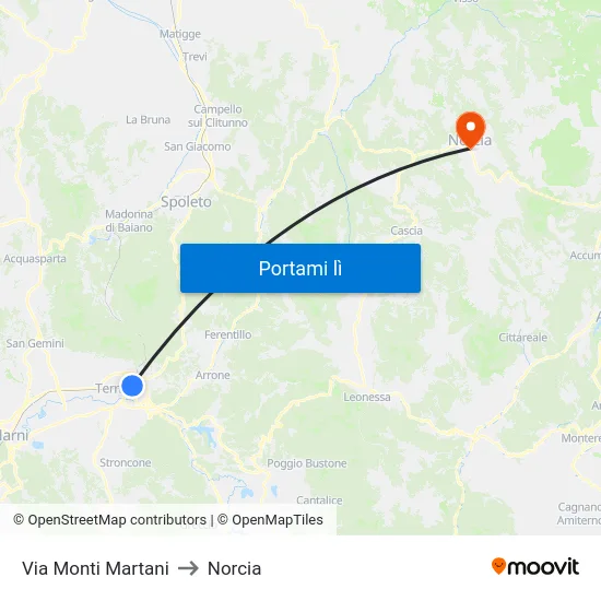 Via Monti Martani to Norcia map