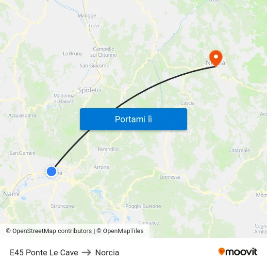 E45 Ponte Le Cave to Norcia map
