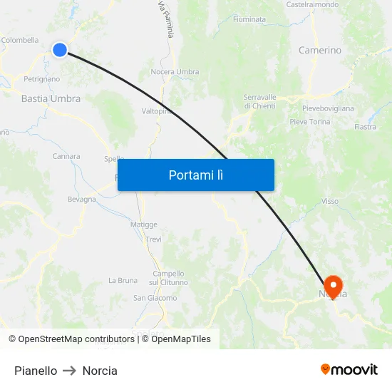 Pianello to Norcia map