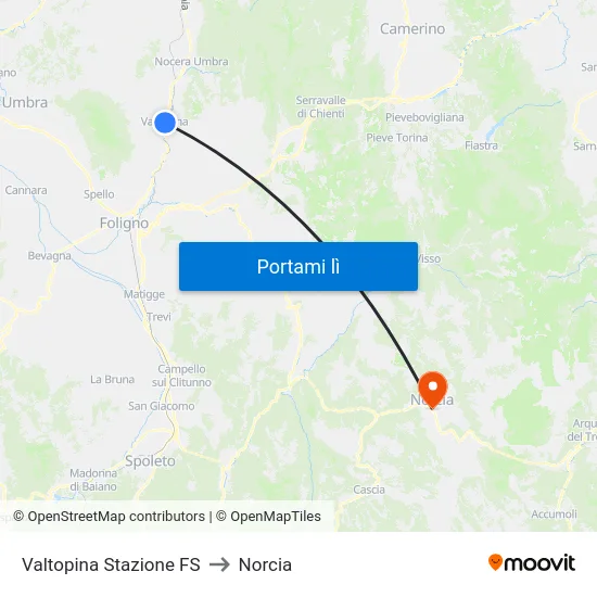 Valtopina Stazione FS to Norcia map