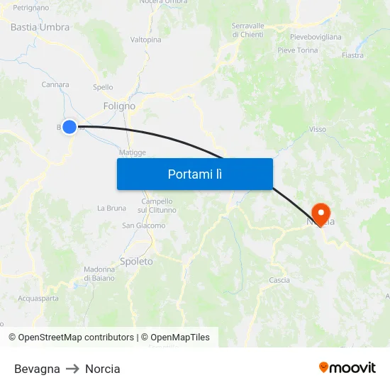 Bevagna to Norcia map