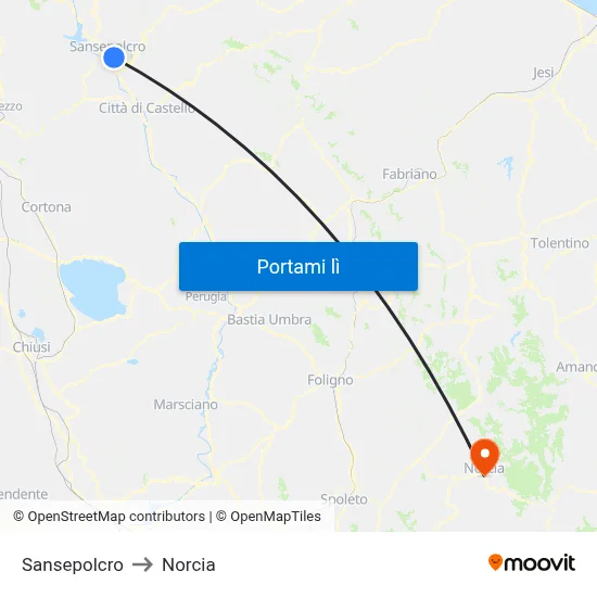 Sansepolcro to Norcia map