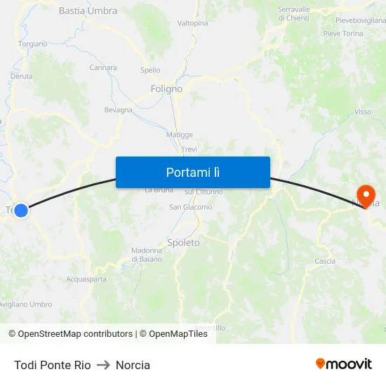 Todi Ponte Rio to Norcia map