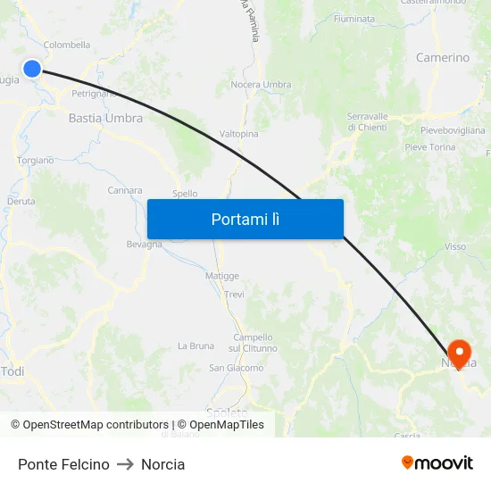 Ponte Felcino to Norcia map