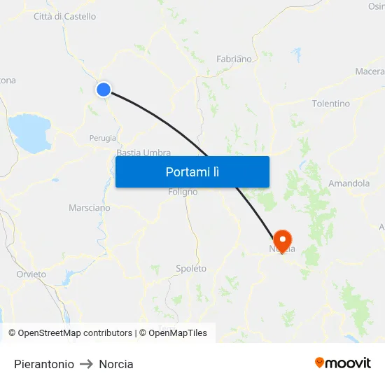 Pierantonio to Norcia map