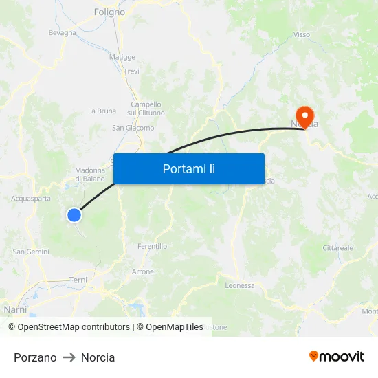 Porzano to Norcia map