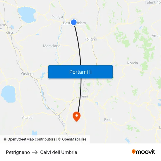 Petrignano to Calvi dell Umbria map