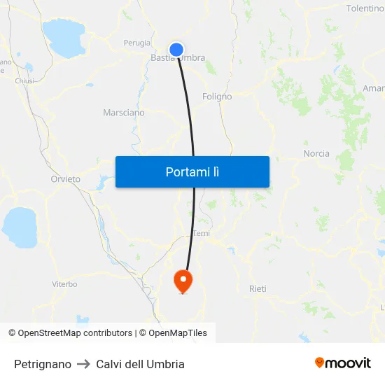 Petrignano to Calvi dell Umbria map