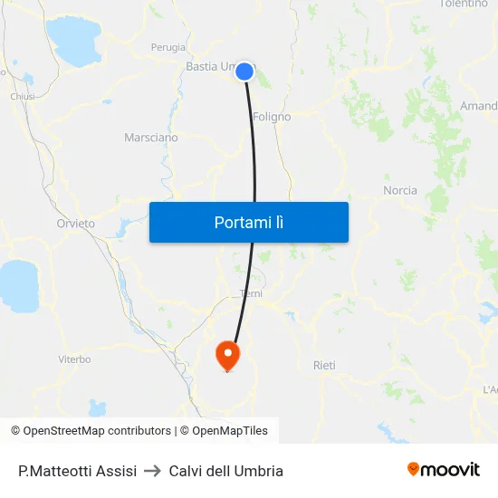 P.Matteotti Assisi to Calvi dell Umbria map