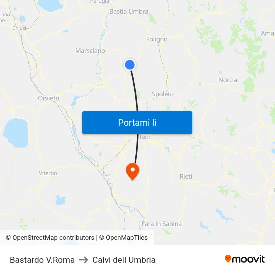 Bastardo V.Roma to Calvi dell Umbria map