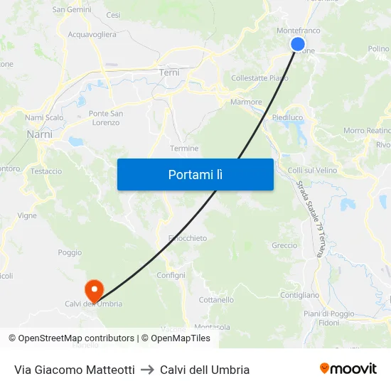 Via Giacomo Matteotti to Calvi dell Umbria map