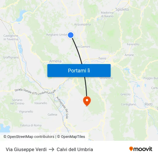 Via Giuseppe Verdi to Calvi dell Umbria map