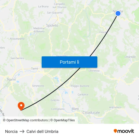 Norcia to Calvi dell Umbria map