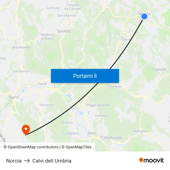 Norcia to Calvi dell Umbria map