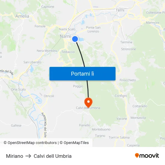 Miriano to Calvi dell Umbria map