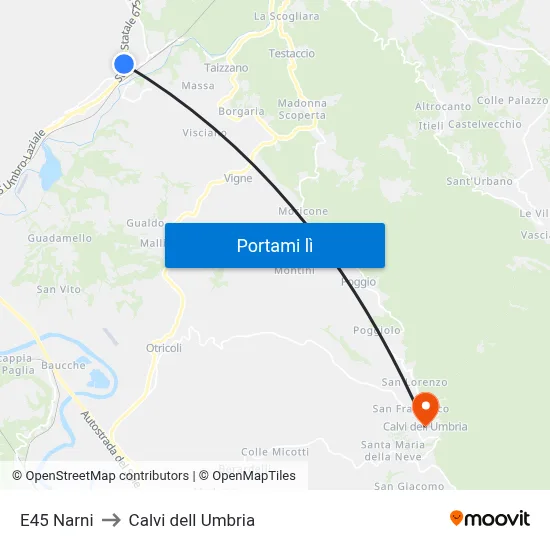 E45 Narni to Calvi dell Umbria map