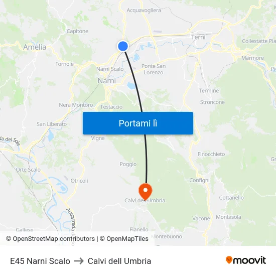 E45 Narni Scalo to Calvi dell Umbria map