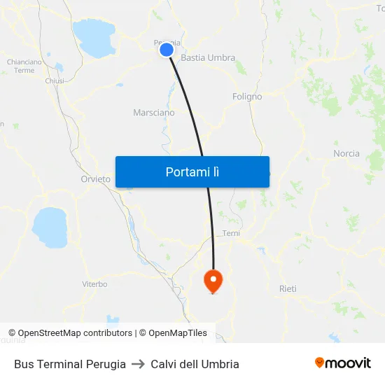 Bus Terminal Perugia to Calvi dell Umbria map