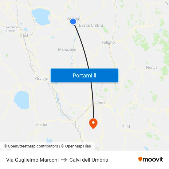 Via Guglielmo Marconi to Calvi dell Umbria map
