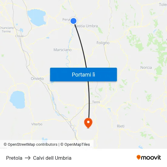 Pretola to Calvi dell Umbria map