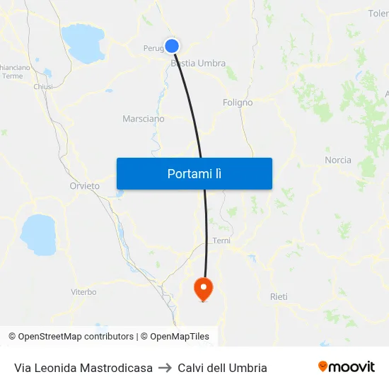 Via Leonida Mastrodicasa to Calvi dell Umbria map
