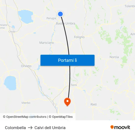 Colombella to Calvi dell Umbria map