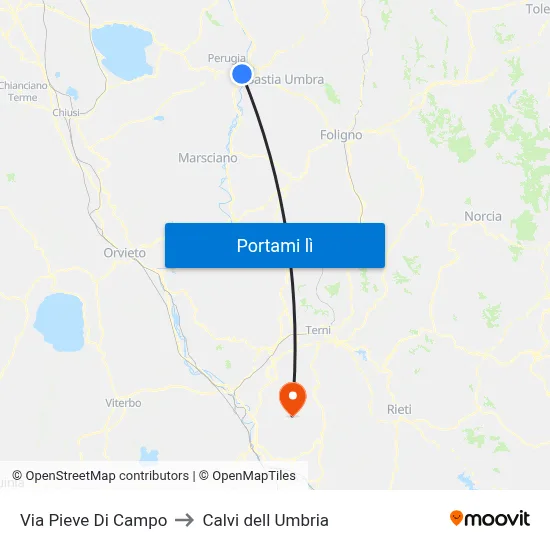 Via Pieve Di Campo to Calvi dell Umbria map