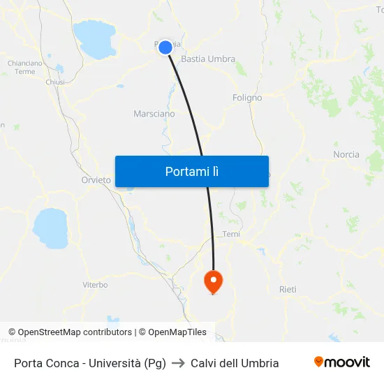 Porta Conca - Università (Pg) to Calvi dell Umbria map