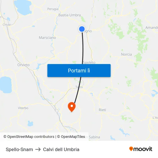 Spello-Snam to Calvi dell Umbria map