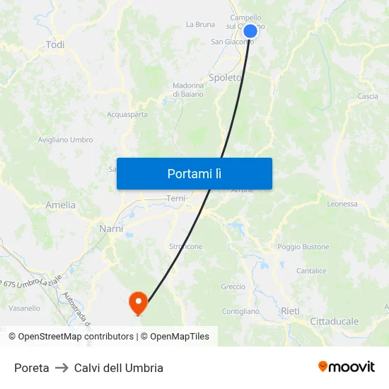 Poreta to Calvi dell Umbria map