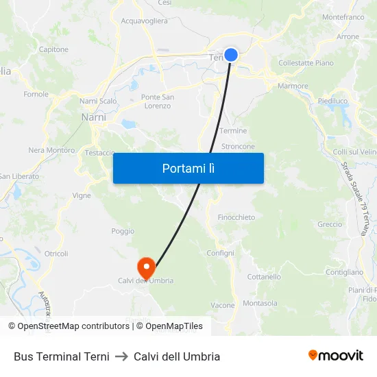 Bus Terminal Terni to Calvi dell Umbria map