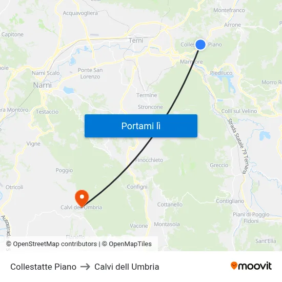 Collestatte Piano to Calvi dell Umbria map