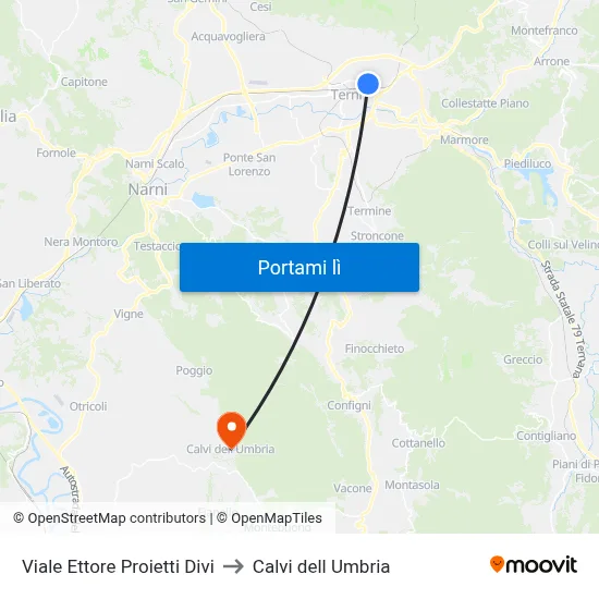 Viale Ettore Proietti Divi to Calvi dell Umbria map