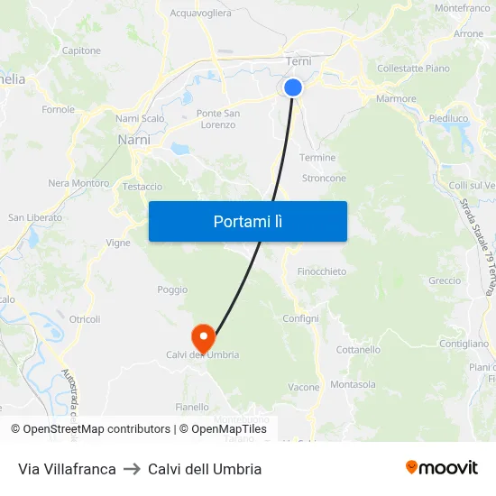Via Villafranca to Calvi dell Umbria map