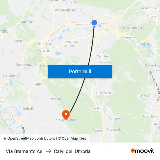 Via Bramante Asl to Calvi dell Umbria map
