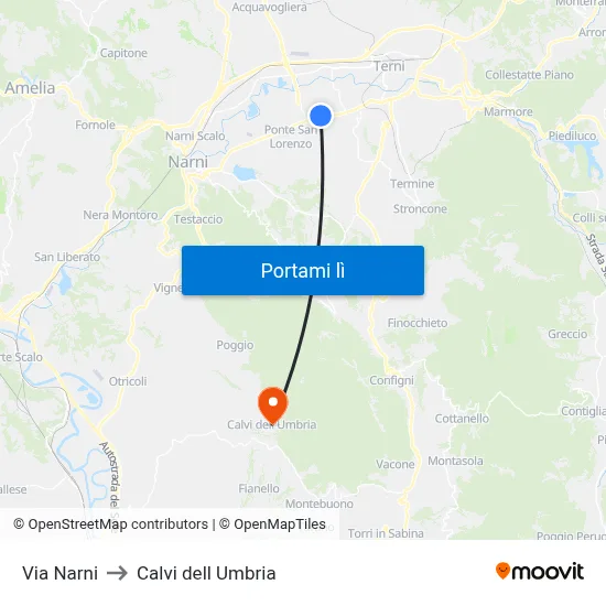 Via Narni to Calvi dell Umbria map