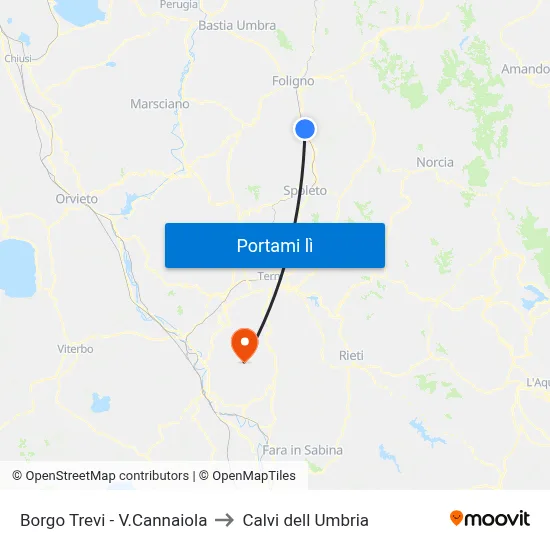 Borgo Trevi - V.Cannaiola to Calvi dell Umbria map