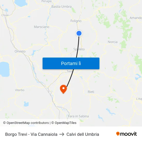 Borgo Trevi - Via Cannaiola to Calvi dell Umbria map