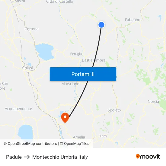 Padule to Montecchio Umbria Italy map