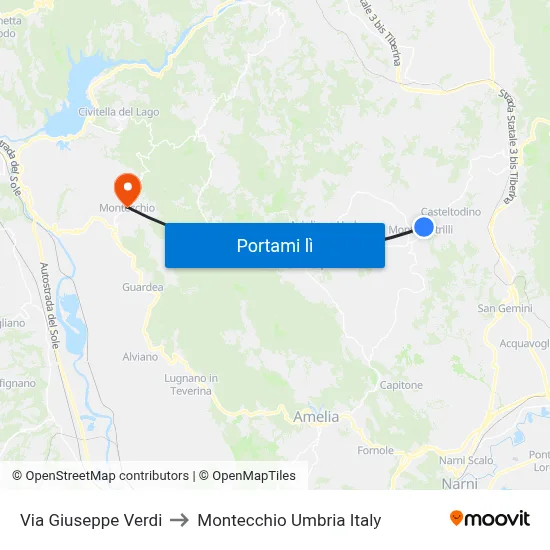 Via Giuseppe Verdi to Montecchio Umbria Italy map