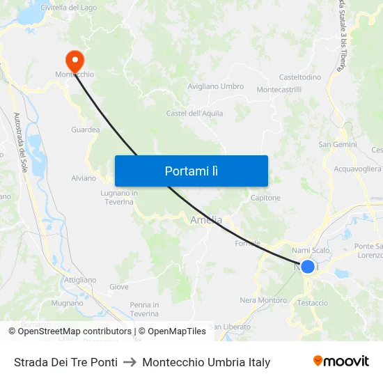 Strada Dei Tre Ponti to Montecchio Umbria Italy map