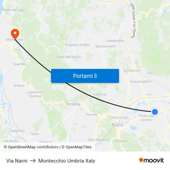 Via Narni to Montecchio Umbria Italy map
