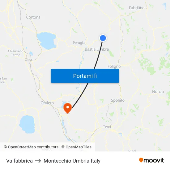 Valfabbrica to Montecchio Umbria Italy map