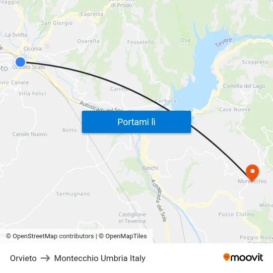 Orvieto to Montecchio Umbria Italy map