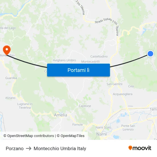 Porzano to Montecchio Umbria Italy map