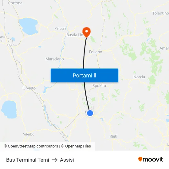 Bus Terminal Terni to Assisi map