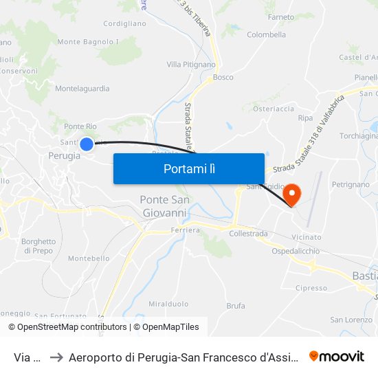 Via Eugubina to Aeroporto di Perugia-San Francesco d'Assisi (PEG) (Aeropuerto de Perugia-San Francisco de Asís) map