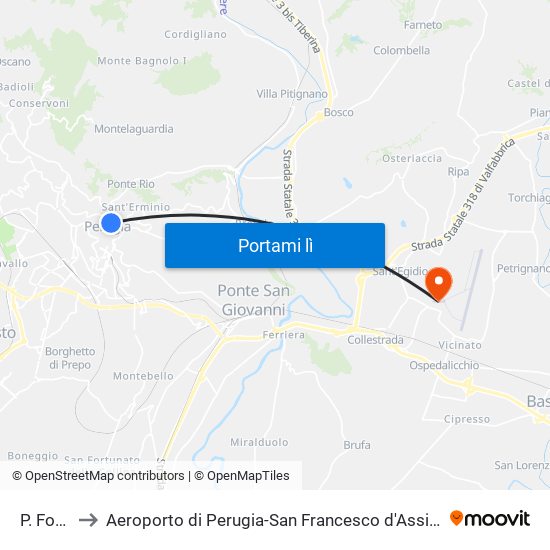 P. Fortebraccio to Aeroporto di Perugia-San Francesco d'Assisi (PEG) (Aeropuerto de Perugia-San Francisco de Asís) map