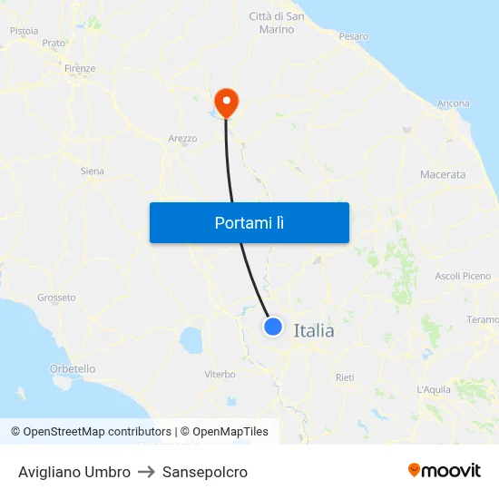 Avigliano Umbro to Sansepolcro map