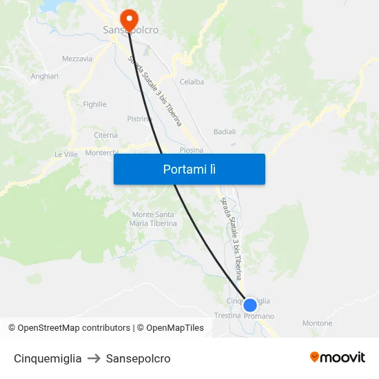 Cinquemiglia to Sansepolcro map